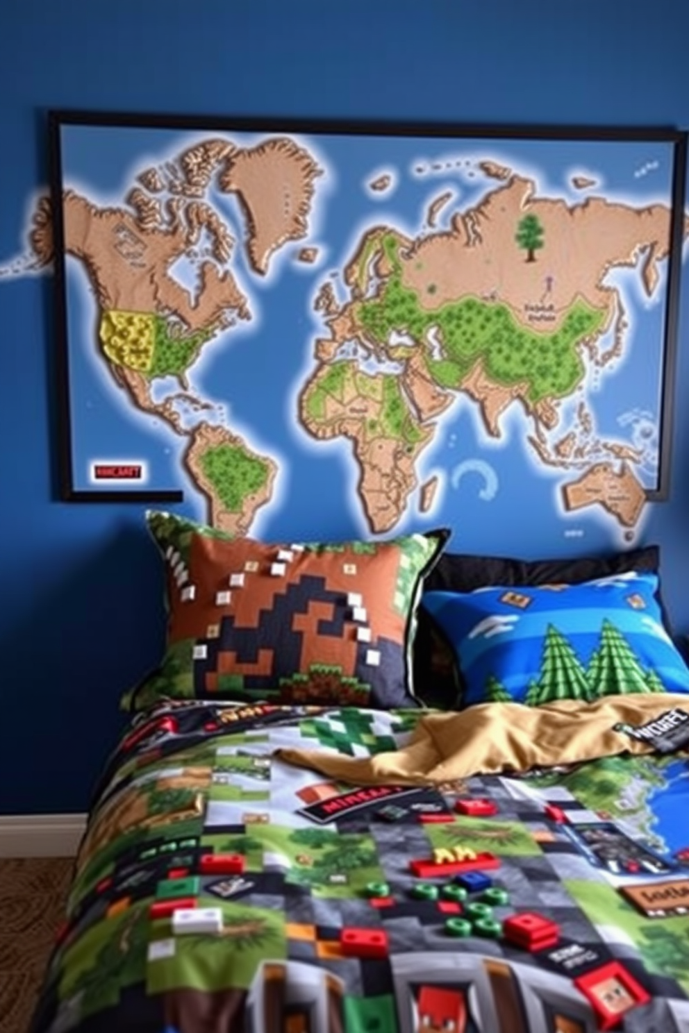 Adventure map wall art adorns the walls, featuring intricate details of fictional landscapes and vibrant colors that spark creativity. The bedding is styled with Minecraft-themed patterns, incorporating blocky designs and pixelated graphics to create an immersive gaming atmosphere.