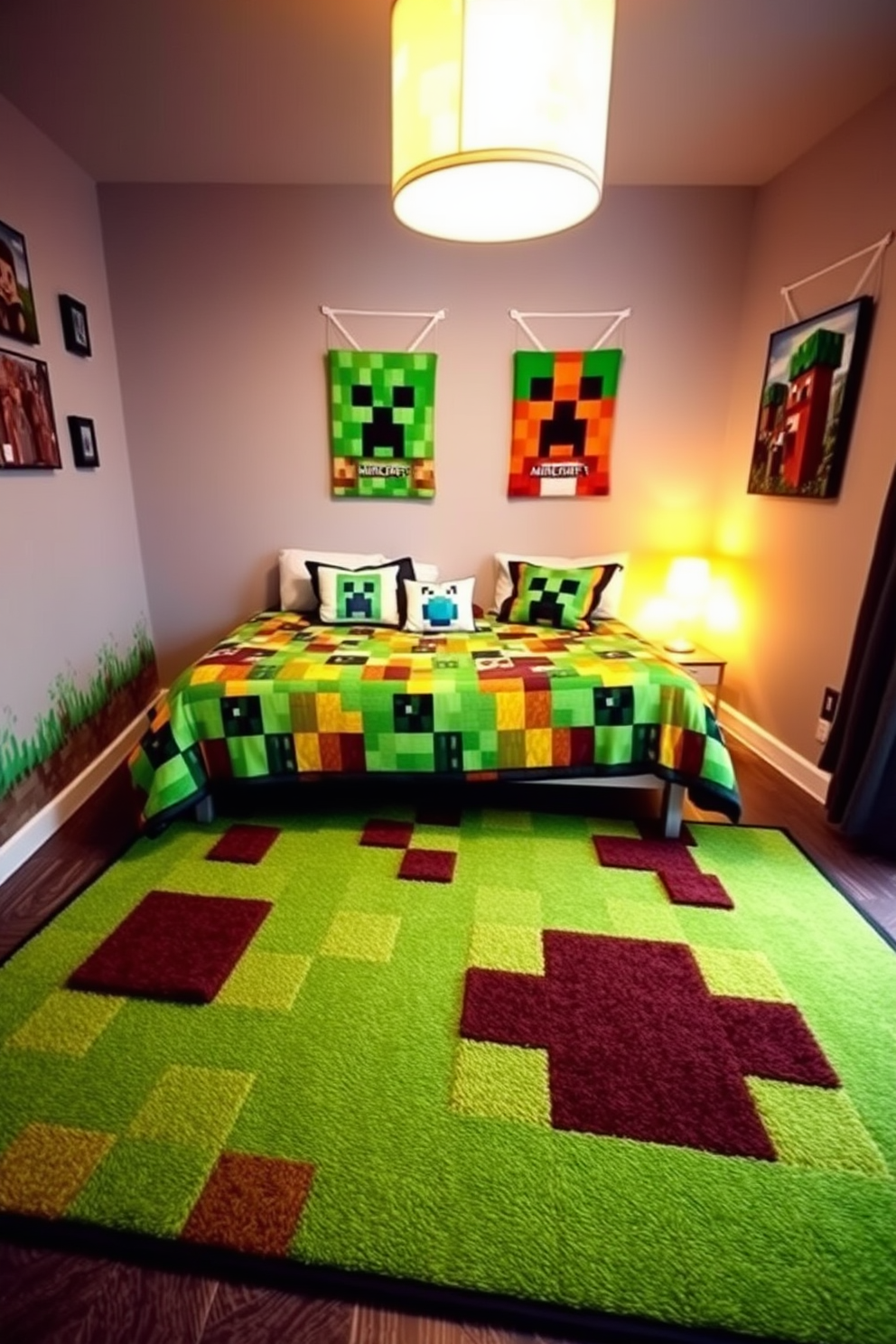 A vibrant and playful Minecraft-themed bedroom features a customized wall mural showcasing a lively scene from the game. The mural includes iconic characters and elements, such as blocky trees and colorful landscapes, creating an immersive gaming atmosphere. The room is furnished with a bed adorned in Minecraft-themed bedding, complemented by plush pillows shaped like game characters. A bright green area rug resembling grass adds a fun touch to the space, while shelves display Minecraft toys and collectibles.