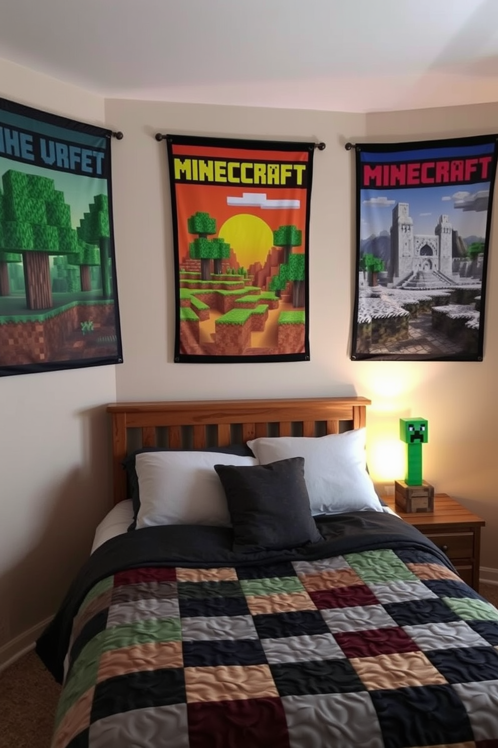 A cozy bedroom inspired by Minecraft biomes. The walls are adorned with banners depicting lush forest, desert, and snowy tundra landscapes, creating a playful and immersive atmosphere. The bed features a patchwork quilt with pixelated designs reminiscent of the game. A bedside table made of wooden blocks holds a glowing lamp shaped like a Creeper for a whimsical touch.