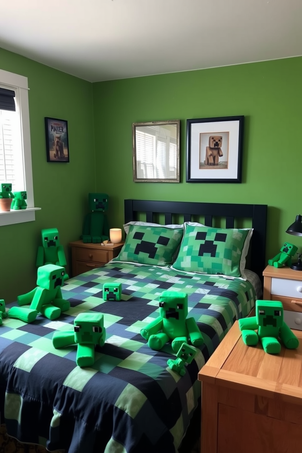 A cozy Minecraft bedroom featuring creeper plush toys scattered throughout the space. The walls are painted in a soft green hue, and the bedding showcases a pixelated design inspired by the game.