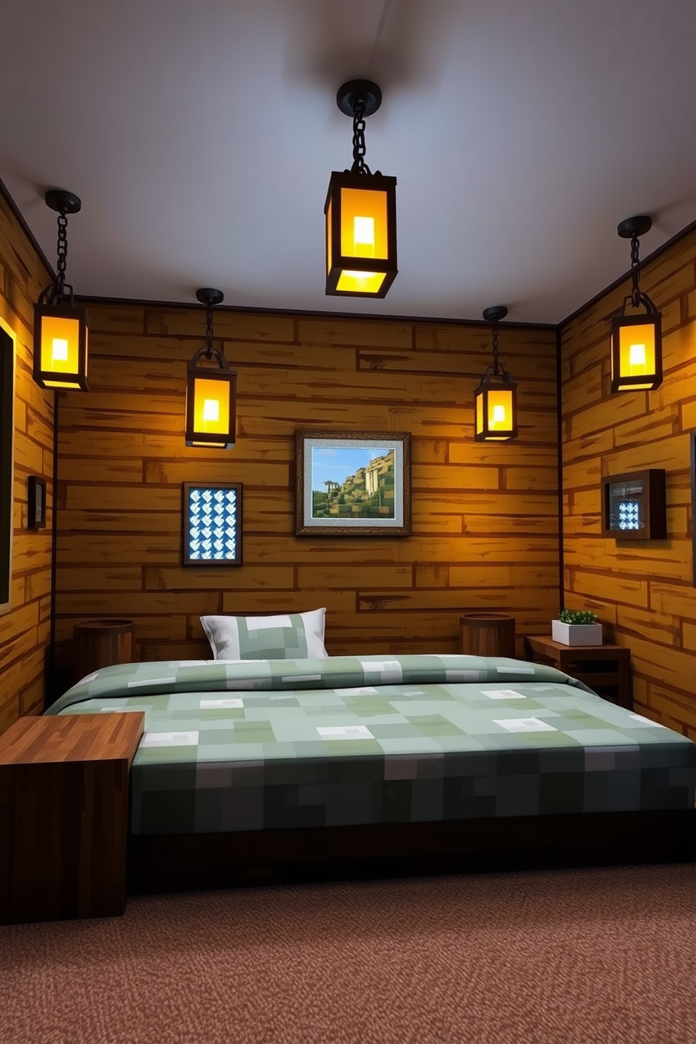 A Minecraft bedroom featuring a striking Nether portal entrance as the focal point. The walls are adorned with pixelated art and vibrant colors inspired by the Nether landscape.