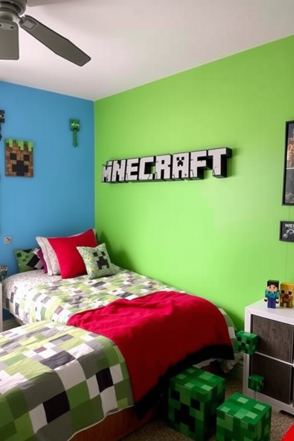 A cozy Minecraft-themed bedroom featuring soft plushies of farm animals scattered throughout the space. The walls are adorned with pixelated artwork, and the bedding showcases vibrant colors inspired by the game.