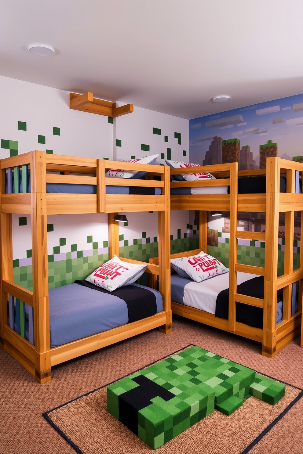 A cozy Minecraft bedroom featuring a bed with built-in storage drawers seamlessly integrated into the design. The walls are adorned with pixel art and vibrant colors, while a blocky nightstand holds a glowing torch for ambient lighting.