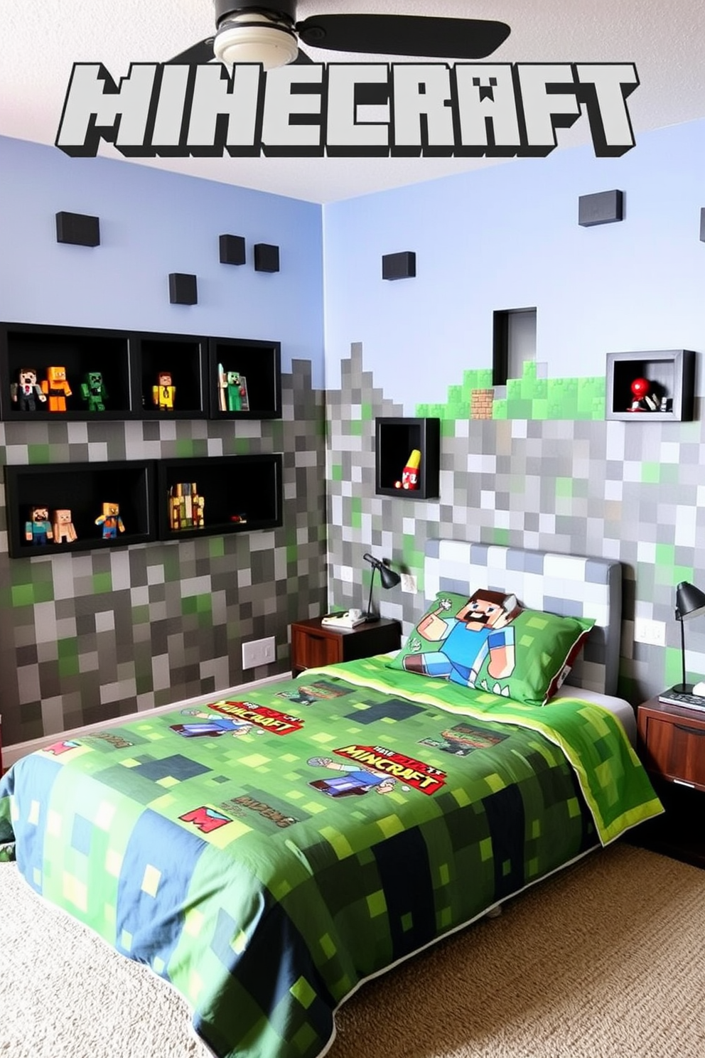 A playful bedroom setting featuring an interactive wall that incorporates Minecraft game elements. The wall is adorned with pixelated designs and built-in shelves for displaying Minecraft figurines and toys. The bed is designed with a headboard that resembles a block from the game, complete with colorful bedding showcasing Minecraft characters. A cozy reading nook is created in one corner with a bean bag chair and a small table, inviting creativity and fun.