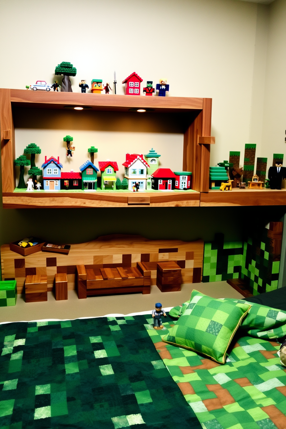 A vibrant Minecraft-themed bedroom featuring a bed adorned with pixelated bedding in shades of green and brown. The walls are painted in a bright blue, reminiscent of the sky in the game, with blocky cloud decals scattered throughout. In one corner, a wooden desk made to look like a crafting table holds various gaming accessories. Shelves above the desk display Minecraft action figures and books, while a plush Creeper toy sits on the bed for added character.