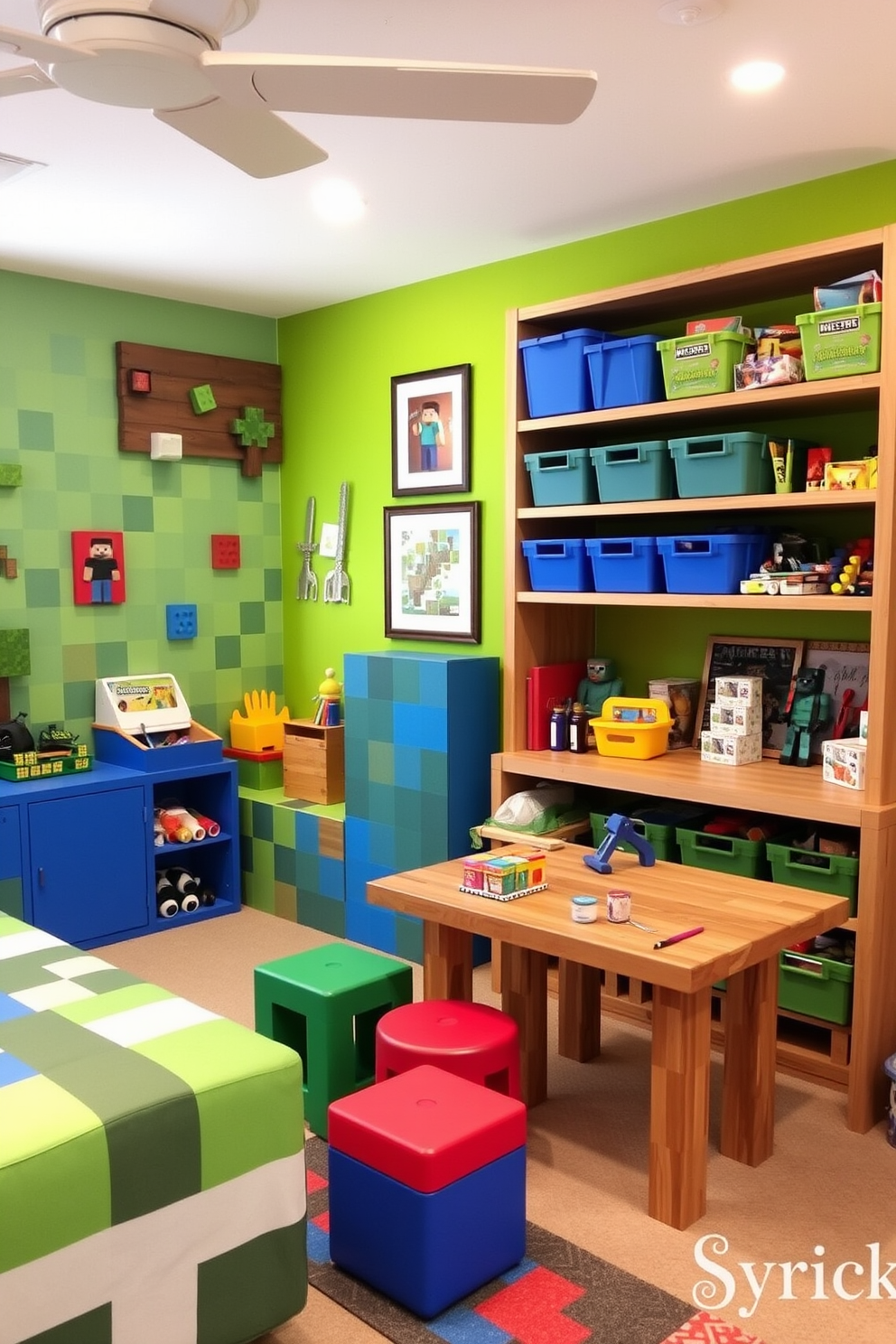 A vibrant and playful Minecraft-themed bedroom featuring blocky furniture and colorful decor inspired by the game. The walls are painted in bright shades of green and blue, with pixelated designs and wall decals of Minecraft characters. A cozy crafting station with a sturdy wooden table surrounded by colorful stools, equipped with art supplies and building materials. Shelves filled with storage bins showcase various crafting tools and Minecraft-themed toys, creating an inviting space for creativity and play.