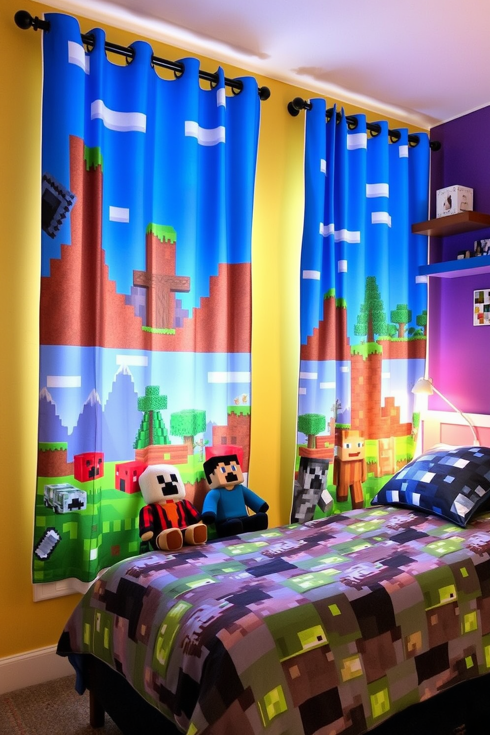 A playful Minecraft themed bedroom featuring curtains that showcase iconic elements from the game. The curtains are adorned with pixelated blocks, characters, and landscapes, creating a fun and immersive atmosphere. The bedroom design includes a bed with a comforter that matches the Minecraft theme, complemented by plush toys of game characters. The walls are painted in vibrant colors inspired by the game, with decorative elements like block-shaped shelves and pixel art.