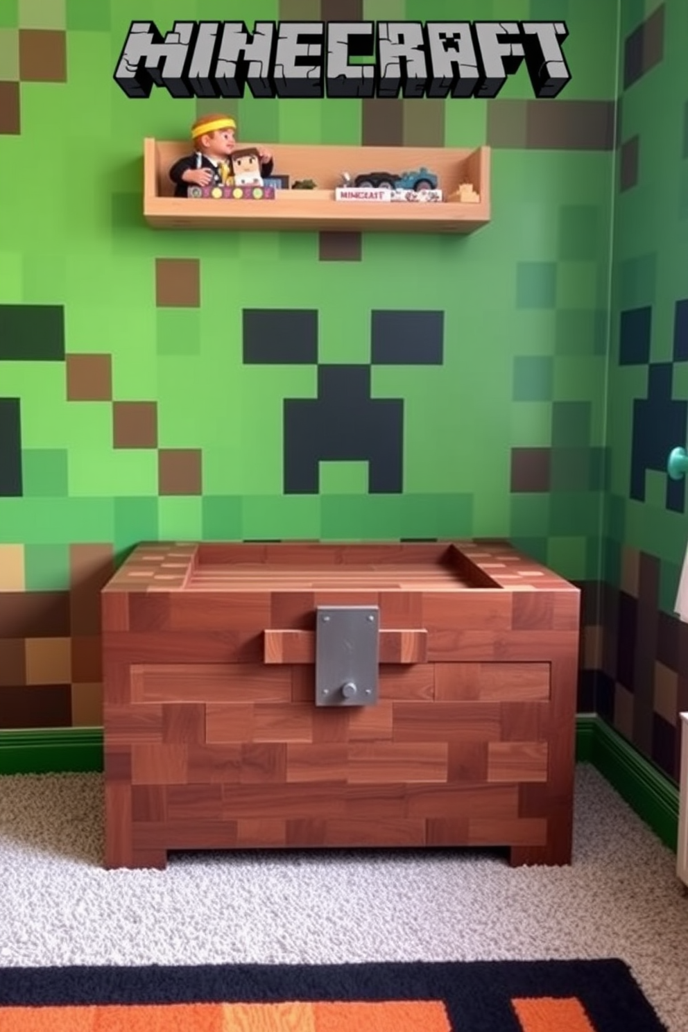 A playful Minecraft-themed bedroom features oversized bean bags in vibrant green and brown colors, resembling the iconic grass and dirt blocks from the game. The walls are adorned with pixelated artwork and shelves displaying Minecraft figurines, creating an immersive gaming atmosphere. The bed is covered with a comforter featuring block patterns, and plush toys shaped like creepers and other characters are scattered around. A cozy rug in the shape of a Minecraft block adds to the theme while providing comfort underfoot.