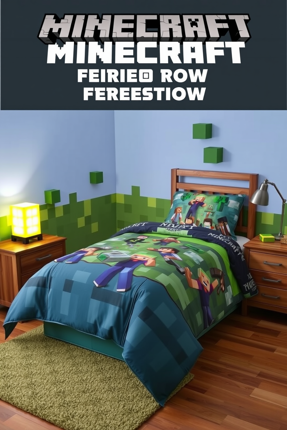 A cozy Minecraft bedroom featuring adventure-themed bedding sets that showcase vibrant colors and pixelated designs. The room includes a bed with a large comforter adorned with Minecraft characters, complemented by matching pillows and plush toys. The walls are painted in a soft blue hue, reminiscent of the sky in the game, while green accents mimic the lush landscapes of Minecraft. A wooden nightstand holds a glowing block lamp, and a rug shaped like a Minecraft block adds a playful touch to the floor.