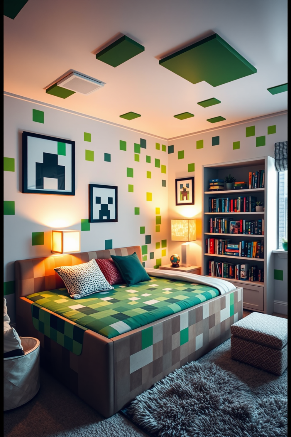 A cozy Minecraft bedroom featuring glowstone lamps that provide warm ambient lighting. The walls are adorned with pixel art and the floor is made of wooden planks, creating a relaxed and inviting atmosphere.