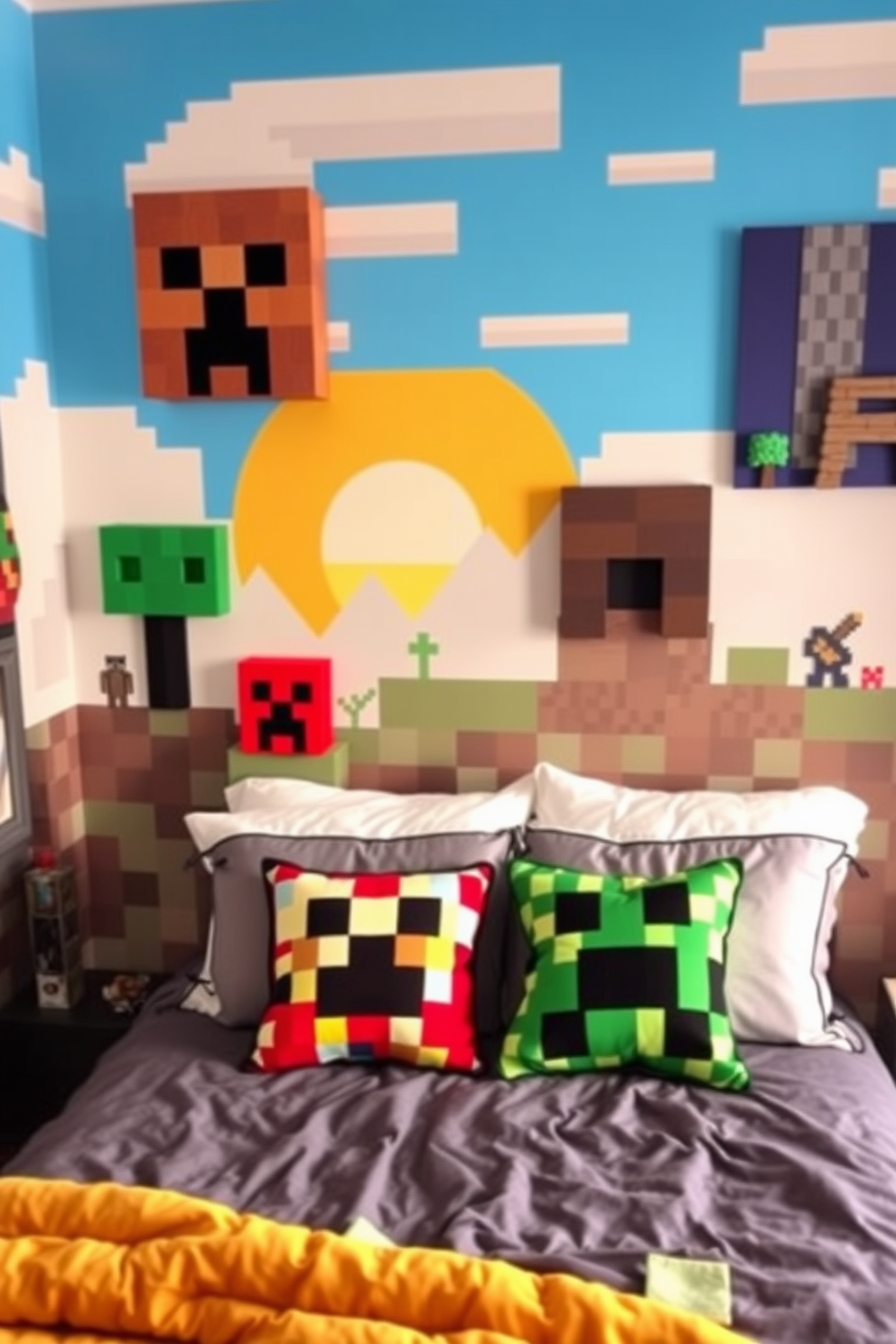 Pixel art decorations add a playful and whimsical touch to a Minecraft-inspired bedroom. The walls are adorned with vibrant pixelated artwork, featuring iconic characters and landscapes from the game. A cozy bed is positioned against a backdrop of pixelated clouds and blue skies. Colorful throw pillows in the shape of game items enhance the playful theme while providing comfort.