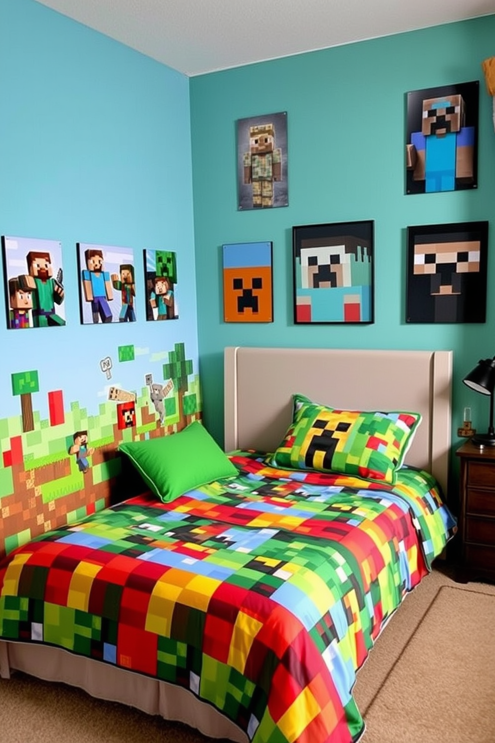 A vibrant Minecraft-themed bedroom featuring posters of various Minecraft characters adorning the walls. The bedding showcases colorful patterns inspired by the game, creating an immersive and playful environment.