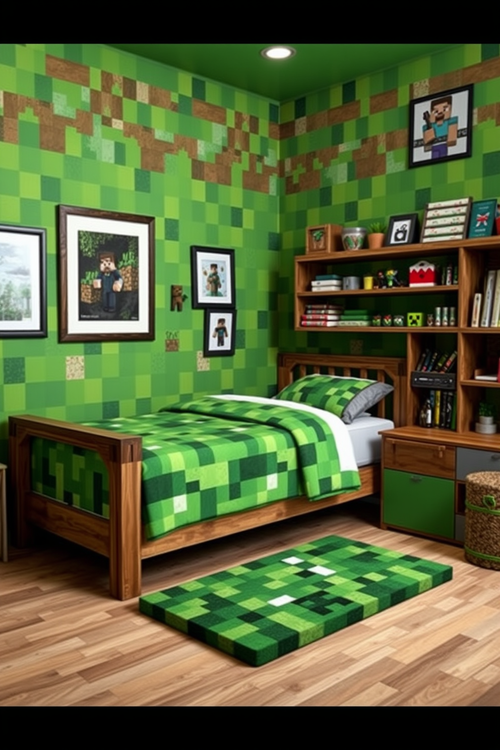 A cozy Minecraft themed bedroom featuring a bedding set adorned with pixelated characters from the game. The walls are painted in a light green hue, and a large plush Creeper toy sits on the bed. The room includes a wooden bed frame with a headboard shaped like a Minecraft block. A colorful rug resembling a Minecraft landscape lays on the floor, completing the playful atmosphere.