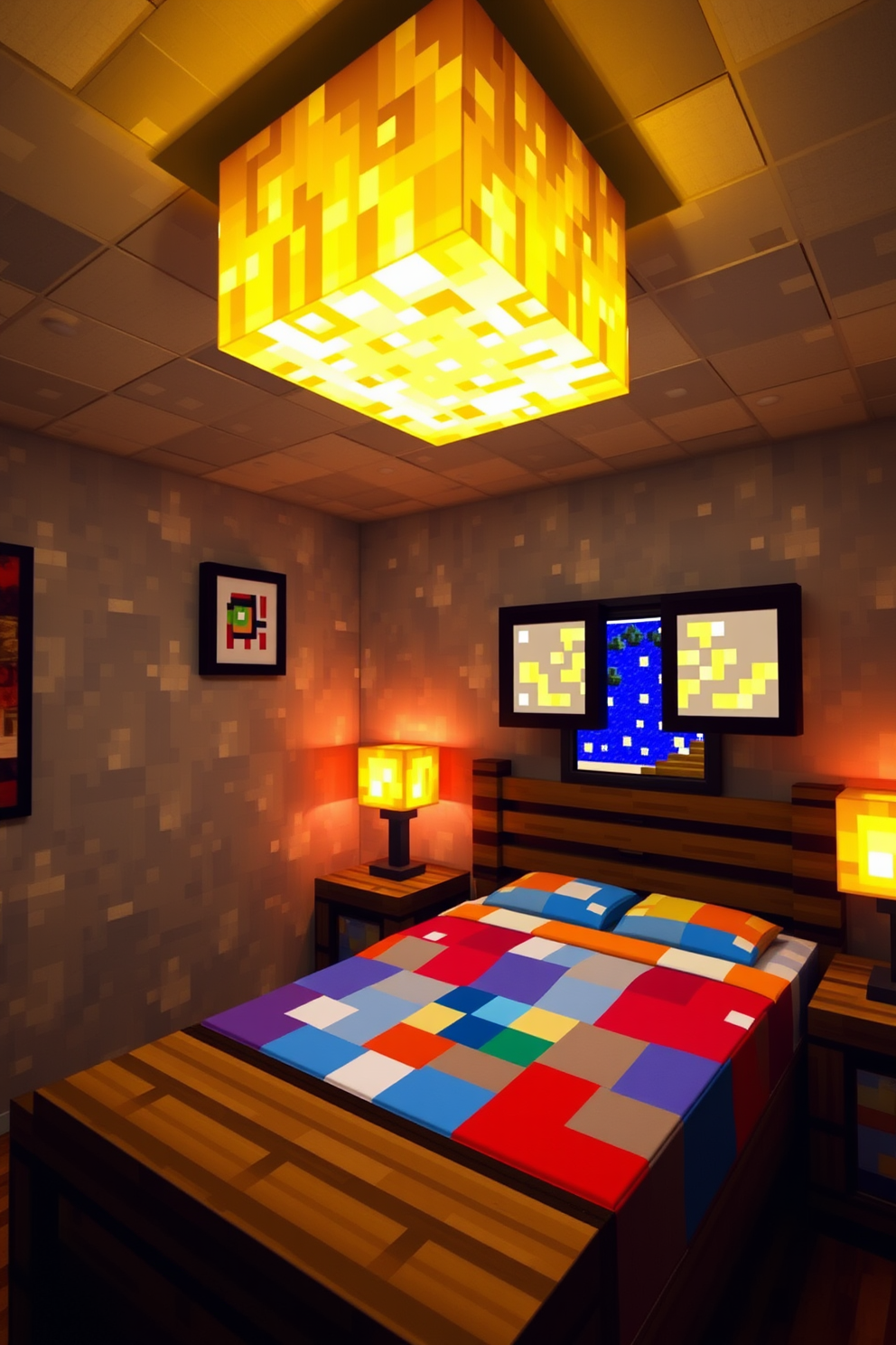 A cozy Minecraft bedroom featuring glowstone lamps that provide a warm ambient light. The walls are adorned with pixel art, and the bed is crafted from wooden planks with colorful bedding.