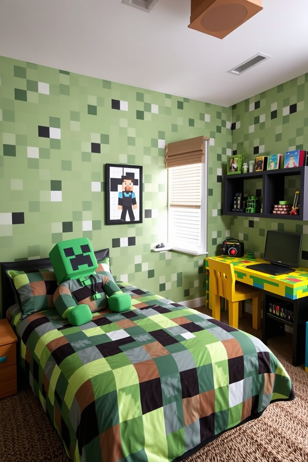 A playful Minecraft-themed bedroom featuring pixelated bedding that captures the essence of the game. The walls are adorned with block-patterned wallpaper, and a large plush Creeper toy sits on the bed. In one corner, a gaming station is set up with a colorful desk and a comfortable chair. Shelves display Minecraft-themed collectibles, adding to the immersive experience of the room.