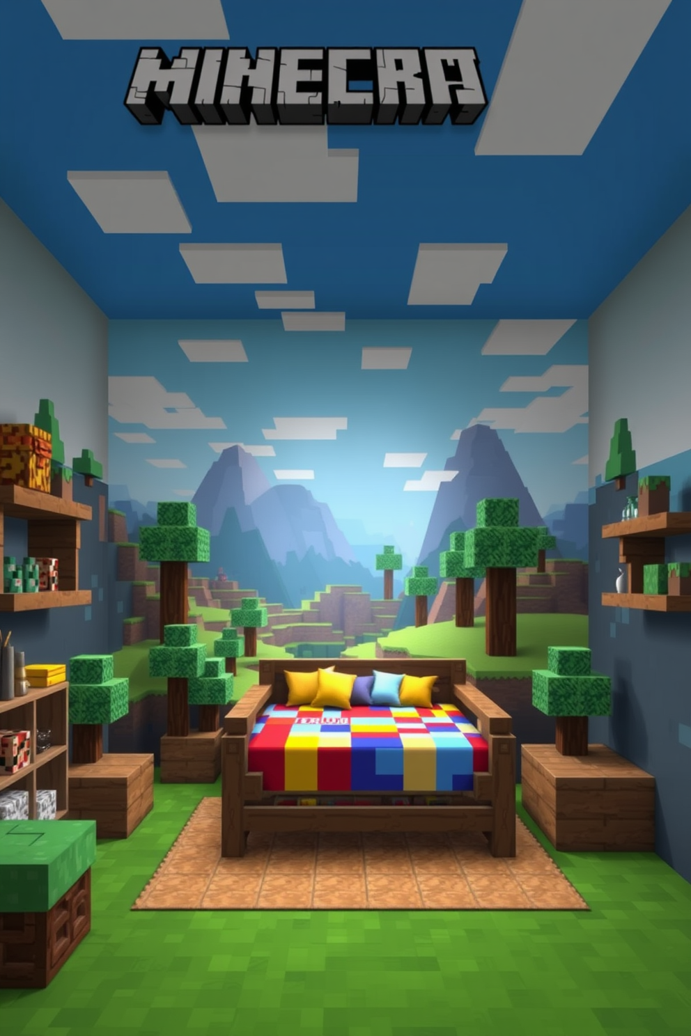 A playful Minecraft-themed bedroom featuring colorful wall decals and stickers depicting popular characters and blocks from the game. The walls are adorned with a vibrant mural showcasing a pixelated landscape, complete with trees and mountains, creating an immersive gaming experience.