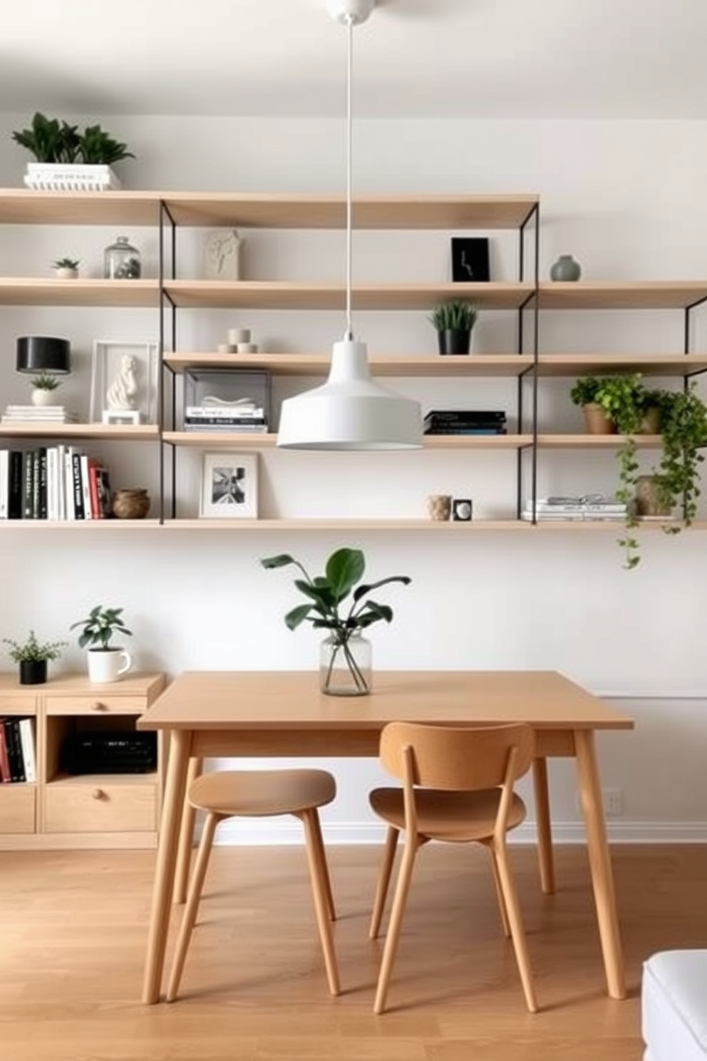 Open shelving creates an airy atmosphere in a minimalist apartment. The shelves are filled with carefully curated decor items, plants, and books, allowing for both functionality and style. The walls are painted in a soft white hue, enhancing the sense of space. A light wood dining table sits beneath a modern pendant light, complemented by simple yet elegant chairs.