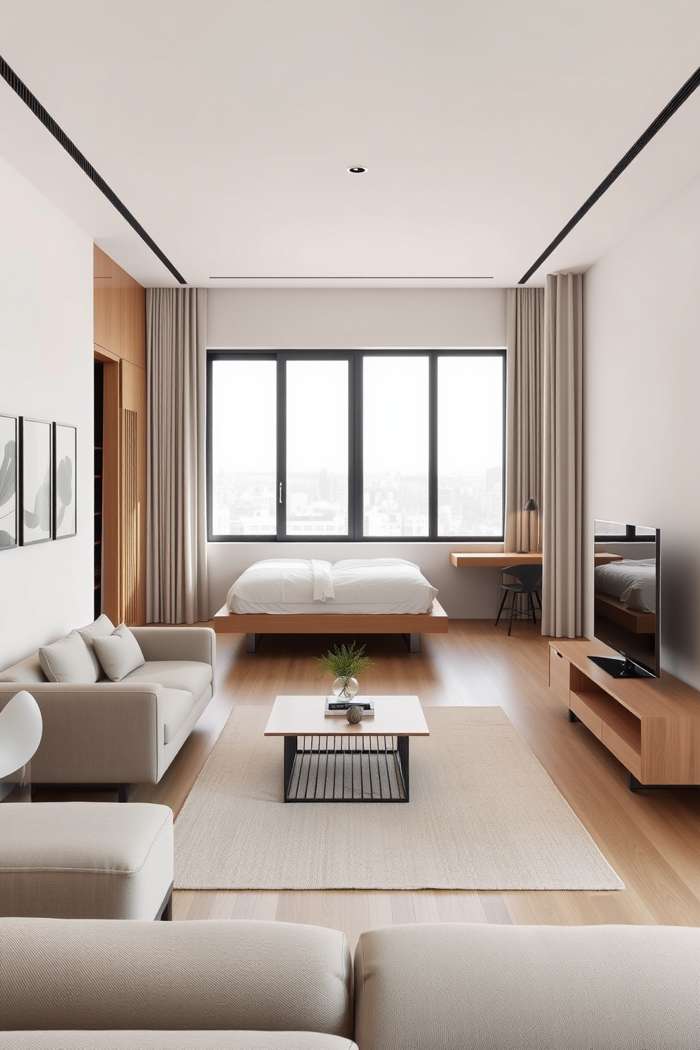 A minimalist apartment design featuring low-profile furniture that maximizes space and creates an airy atmosphere. The living area includes a sleek sectional sofa, a low coffee table, and a light wood media console, all positioned to encourage flow and functionality. The bedroom showcases a platform bed with built-in storage, paired with floating nightstands and a simple desk that blends seamlessly into the decor. Soft neutral tones and natural light enhance the serene environment, making it a perfect retreat.