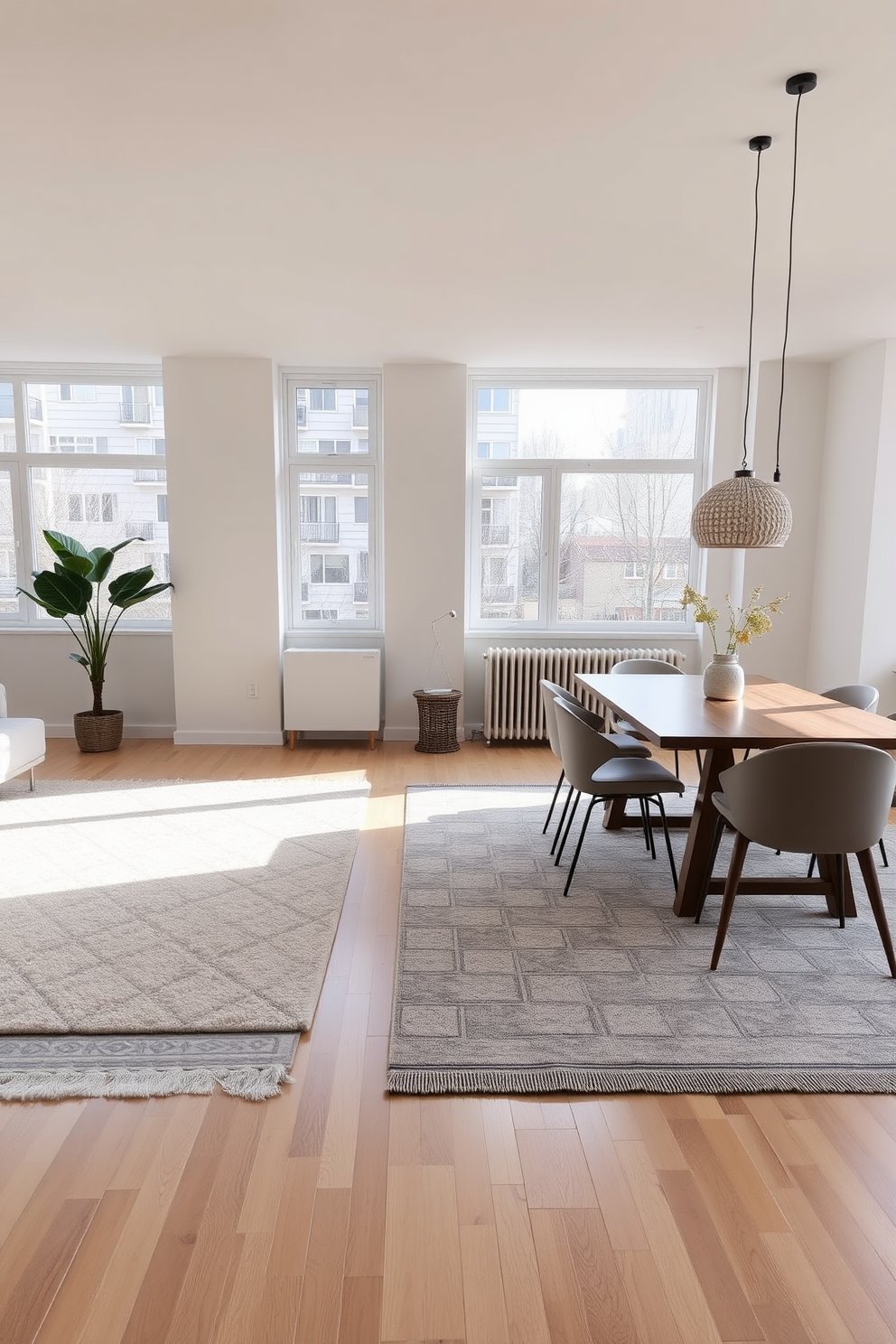 A minimalist apartment featuring lightweight furniture made from natural materials. The open layout includes a sleek sofa with a simple design, paired with a glass coffee table and a light wood dining set. The walls are painted in a soft white, enhancing the airy feel of the space. Large windows allow natural light to flood the room, complemented by a few strategically placed indoor plants.