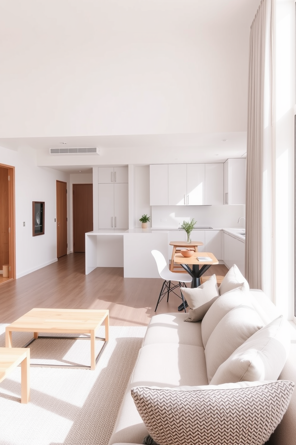 A minimalist apartment design that emphasizes open space and functionality. The living area features a sleek, low-profile sofa paired with a simple coffee table, while a single piece of abstract art adorns the wall above. The kitchen showcases clean lines with handleless cabinetry and a large island, complemented by a few carefully selected decorative items. A neutral color palette creates a serene atmosphere, with natural light streaming in through large windows, enhancing the minimalist aesthetic.