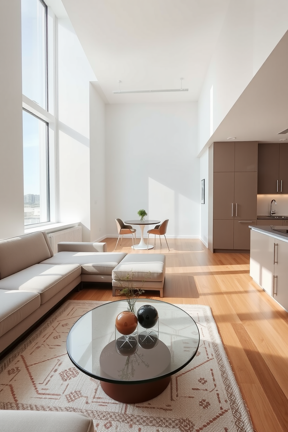 A minimalist apartment featuring sleek lines in furniture design. The living area showcases a low-profile sofa with clean edges and a glass coffee table that complements the open space. The kitchen boasts streamlined cabinetry with integrated handles and a sleek island that doubles as a breakfast bar. Natural light floods the room through large windows, enhancing the airy and uncluttered atmosphere.