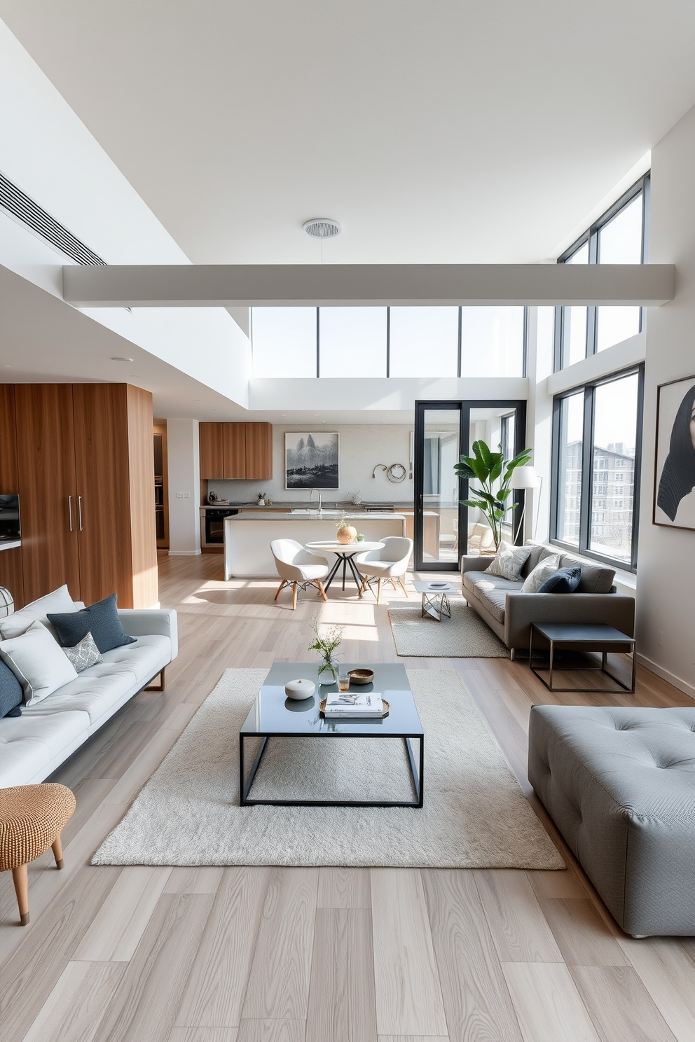 A minimalist apartment featuring an open floor plan with clean lines and ample natural light. The living area includes a sleek sofa in shades of gray paired with a simple coffee table, while a single piece of abstract art adorns the wall. The kitchen showcases white cabinetry and a minimalist island with bar stools, emphasizing functionality. A small dining area with a round table and chairs complements the overall aesthetic, creating a harmonious space.