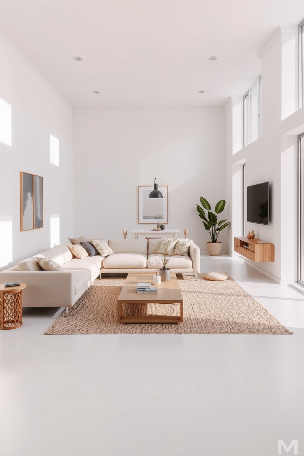 A minimalist apartment design featuring a neutral color palette creates a calming ambiance. The living space includes a sleek sofa in soft beige, paired with a light wood coffee table and a textured area rug that adds warmth to the room. Large windows allow natural light to flood the space, highlighting the clean lines of the furniture. The walls are painted in a soft white, and decorative accents in muted tones enhance the serene atmosphere.