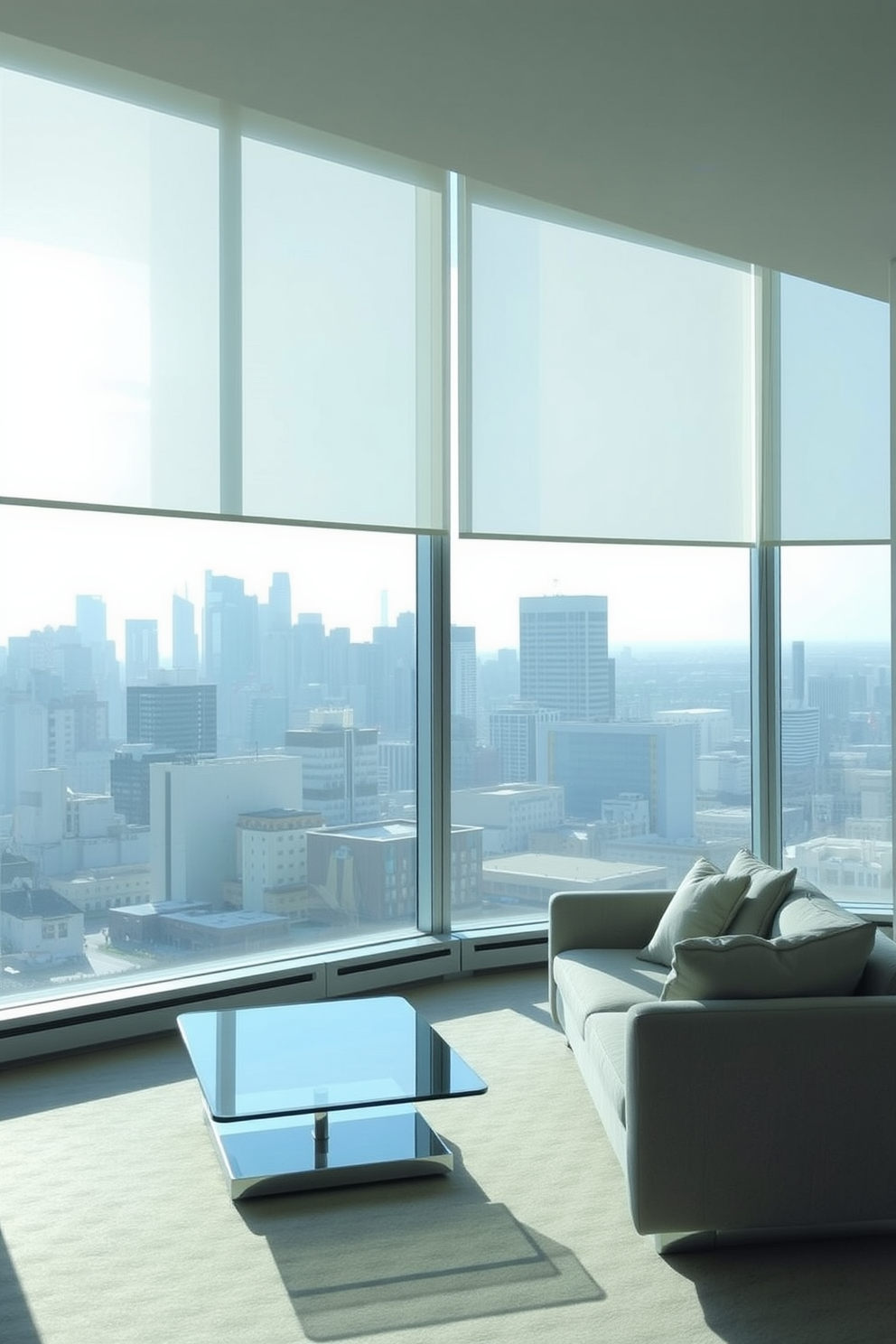 A minimalist apartment with large floor-to-ceiling windows that allow natural light to flood the space. The window treatments are sheer and unobtrusive, enhancing the unobstructed views of the city skyline. The living area features a simple yet stylish layout with a neutral color palette and sleek furniture. A low-profile sofa and a glass coffee table create an open and airy atmosphere, perfect for relaxation and entertaining.