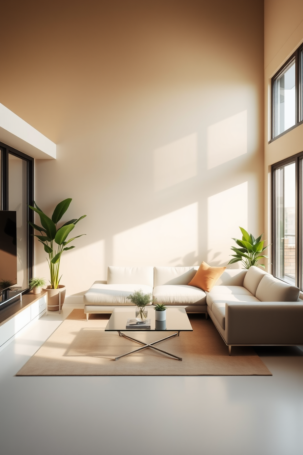 A minimalist apartment features an accent wall in a soft beige hue, creating a warm and inviting atmosphere. The furniture is sleek and functional, with a low-profile sofa paired with a glass coffee table that enhances the sense of space. Natural light floods the room through large windows, highlighting the simplicity of the decor. Potted plants are strategically placed to add a touch of greenery without overwhelming the minimalist aesthetic.