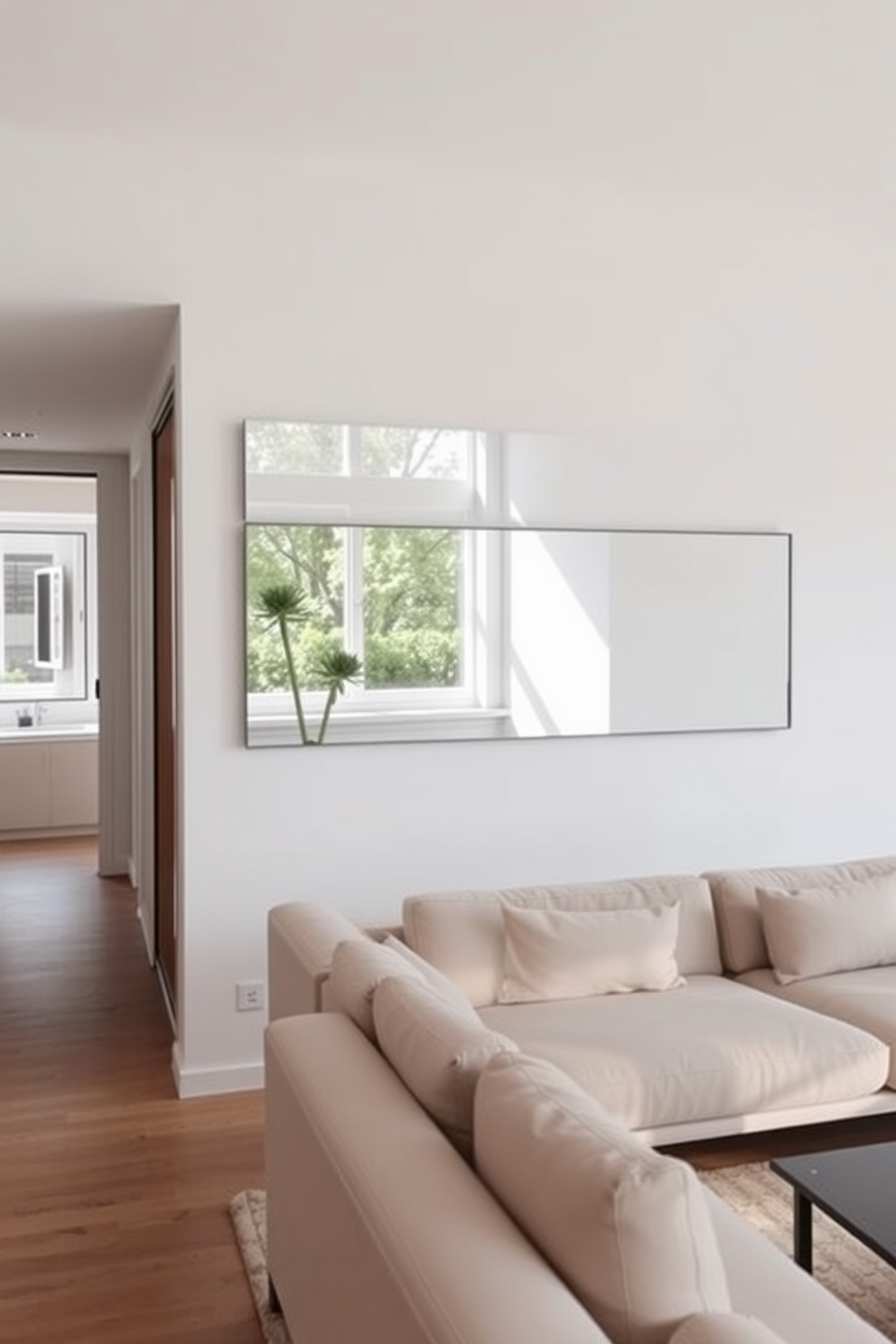 A minimalist apartment design featuring strategic use of mirrors to create depth and enhance natural light. The open living space includes a sleek sofa in neutral tones, with a large mirror mounted on the wall opposite a window, reflecting greenery from outside.