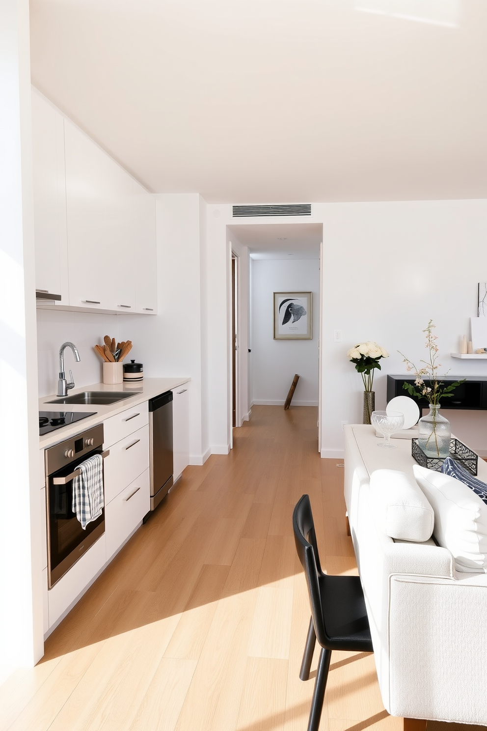 A minimalist kitchen featuring simple accessories that emphasize clean lines. The cabinetry is sleek and white, complemented by stainless steel appliances and a subtle backsplash. The open layout of the apartment showcases a harmonious blend of functionality and style. Natural light floods the space, highlighting the neutral color palette and carefully curated decor elements.