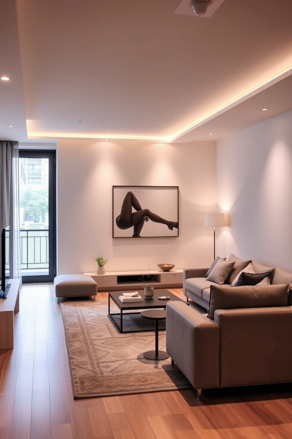 A minimalist apartment design featuring layered lighting to create a versatile ambiance. The space includes sleek furniture with clean lines, and warm light fixtures are strategically placed to enhance the overall atmosphere.