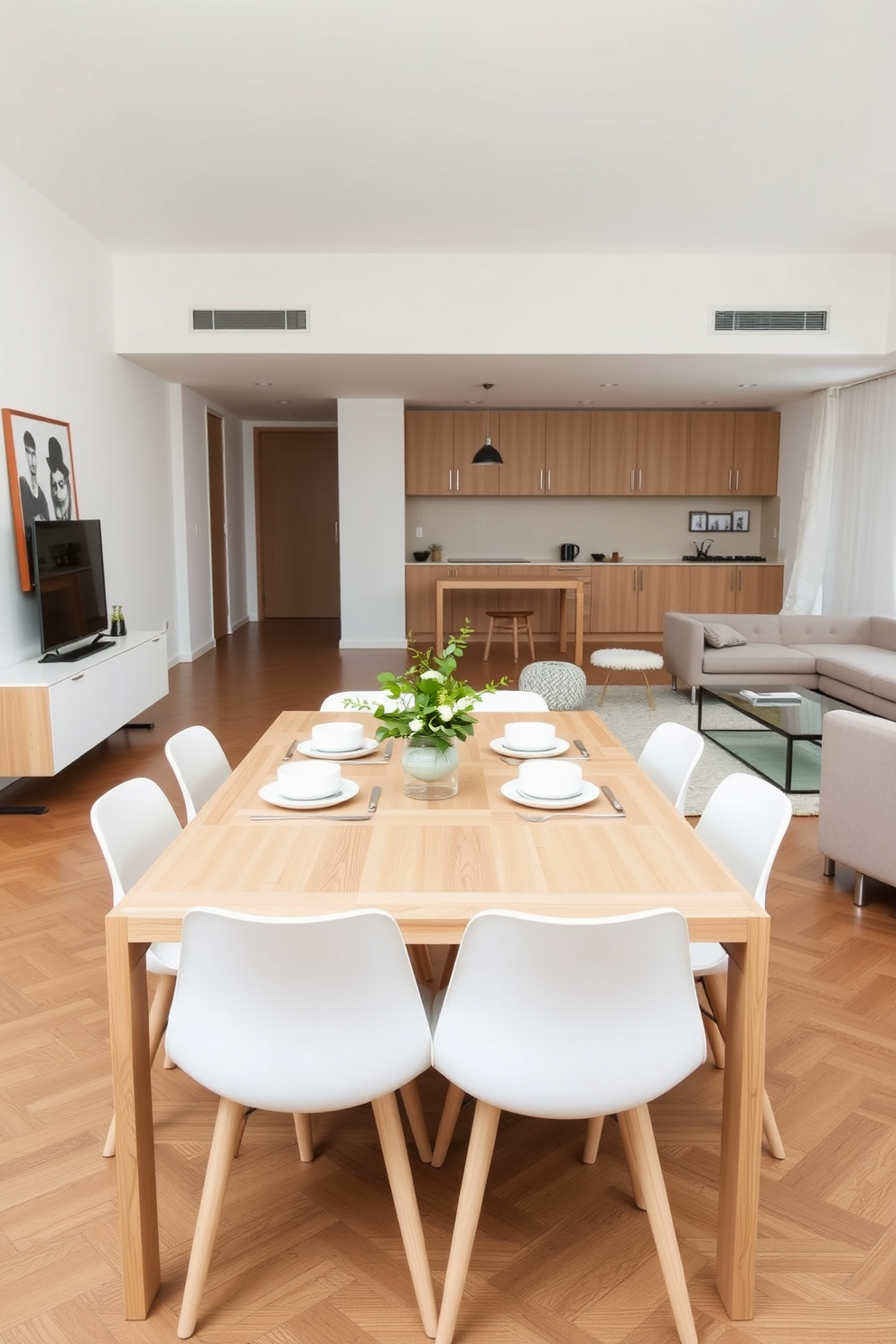 A minimalist dining setup featuring a sleek wooden table with clean lines surrounded by simple white chairs. The table is adorned with a single green plant in a ceramic pot and a set of elegant dishware, creating an effortless style. A minimalist apartment design that emphasizes open spaces and natural light. The living area includes a neutral-colored sofa, a glass coffee table, and a few carefully selected decorative pieces that enhance the overall simplicity.