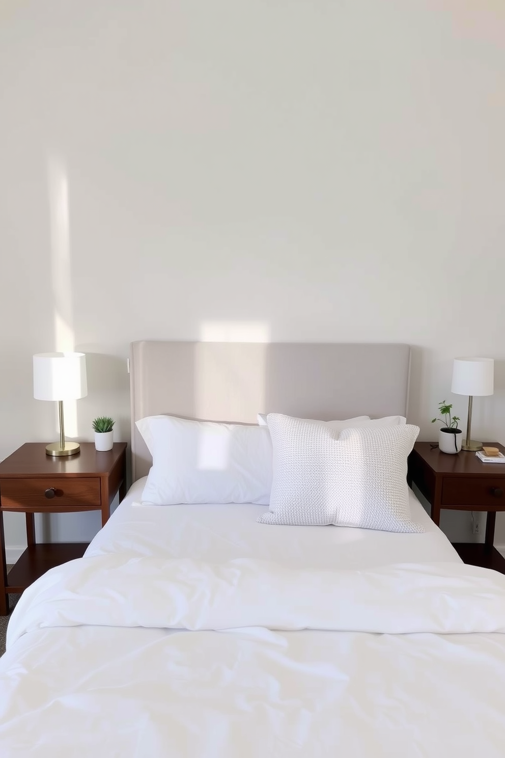 A serene bedroom atmosphere with decluttered bedside tables. Each table features a single decorative item, such as a small potted plant or a minimalist lamp, promoting tranquility. The walls are painted in soft neutral tones, creating a calming backdrop. The bedding is crisp and white, with a few textured pillows to add subtle interest.