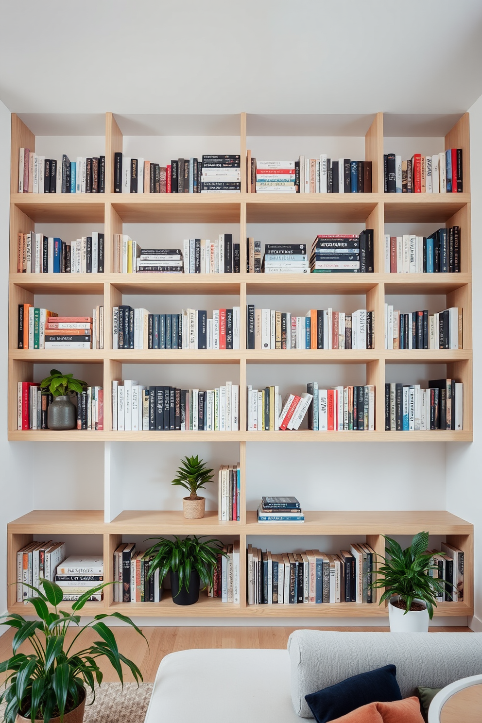 Artful arrangement of books on shelves. The shelves are made of light wood and are filled with a curated selection of books in various sizes and colors, creating a visually appealing display. Minimalist apartment design ideas. The space features an open floor plan with neutral tones, sleek furniture, and strategically placed greenery to enhance the airy atmosphere.