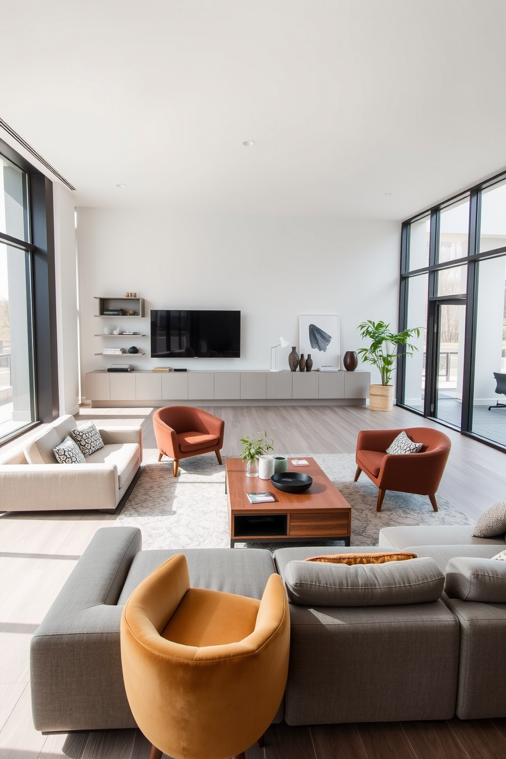 A sleek living area featuring a modular sofa that can be rearranged into various configurations. A coffee table with hidden storage sits in the center, surrounded by stylish accent chairs that double as additional seating. The space is adorned with wall-mounted shelves that display decorative items while keeping the floor clear. Large windows allow natural light to flood in, enhancing the airy feel of the minimalist design.