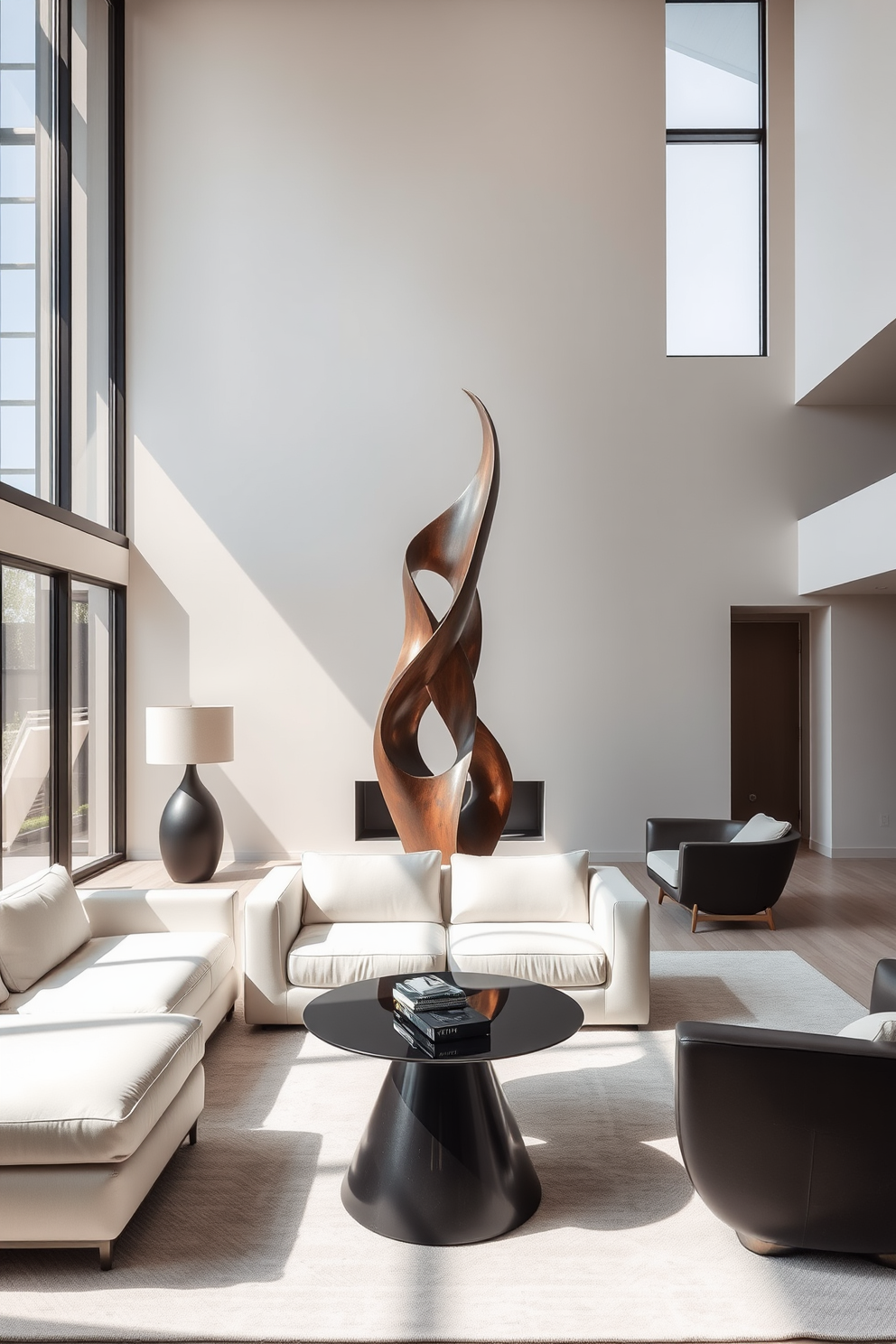 Sculptural furniture pieces serve as striking focal points in the living area. The space features a neutral color palette, with a large abstract sculpture as the centerpiece, surrounded by sleek, modern seating. Incorporate minimalist design elements to enhance the overall aesthetic. Large windows allow natural light to flood the room, highlighting the unique shapes and textures of the furniture.