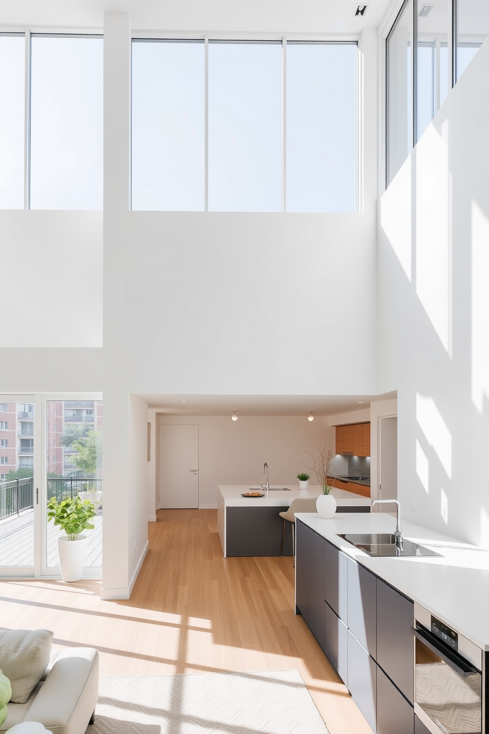 A minimalist apartment design featuring an open-concept living space with large windows that allow natural light to flood in. The furniture is sleek and simple, with a neutral color palette that creates a calm and inviting atmosphere. The living area includes a low-profile sofa and a glass coffee table, while a small dining nook is set against the wall with minimalist chairs. Indoor plants are strategically placed to bring a touch of nature indoors, complementing the airy feel of the space.