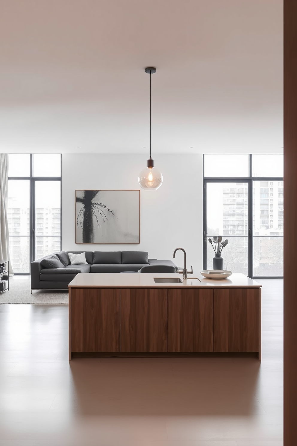 A minimalist apartment design featuring an open layout with ample natural light. The living area includes a sleek low-profile sofa and a single oversized artwork that draws the eye. The kitchen showcases clean lines with a simple island and a few carefully chosen utensils displayed. A single pendant light hangs above the island, creating a focal point in the space.