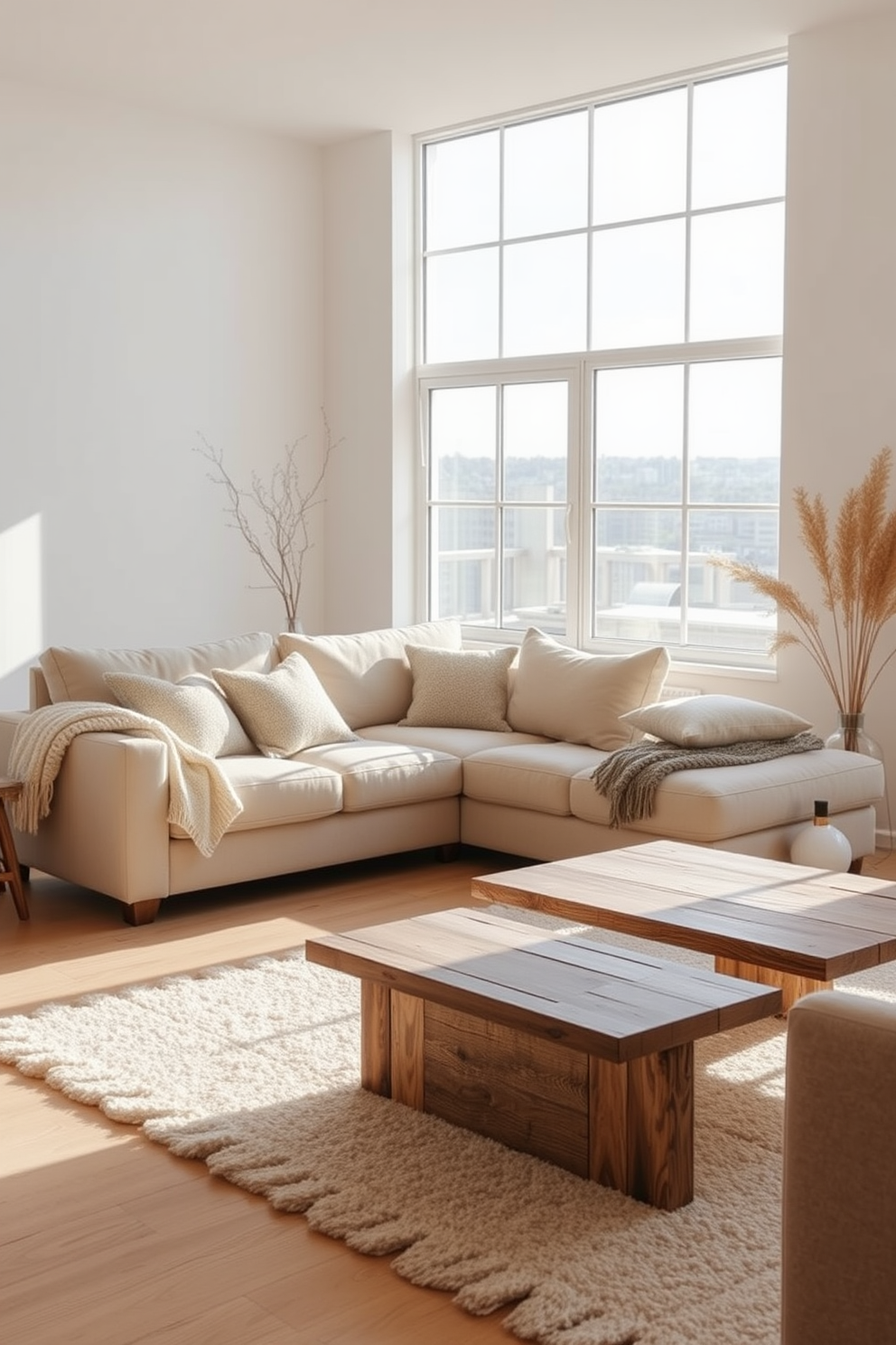 A minimalist apartment design featuring soft textured fabrics that create warmth and comfort. The living area includes a beige sectional sofa adorned with plush throw pillows and a cozy knitted blanket draped over the arm. Natural light floods the space through large windows, highlighting the light wood flooring and neutral color palette. A simple coffee table made of reclaimed wood sits in front of the sofa, complemented by a soft area rug that adds an inviting touch.