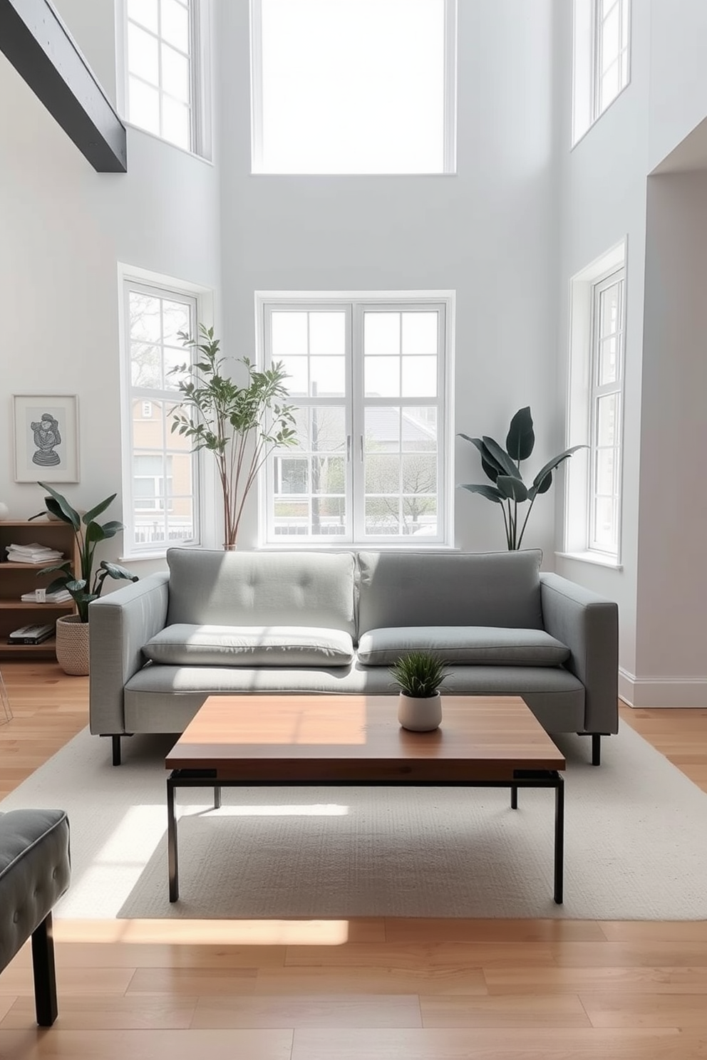 A decluttered living room features a sleek low-profile sofa in a soft gray fabric. A simple wooden coffee table sits in front, adorned with a single potted plant for a touch of greenery. The walls are painted in a crisp white, enhancing the sense of space and tranquility. Large windows allow natural light to flood in, illuminating the minimalist decor throughout the room.