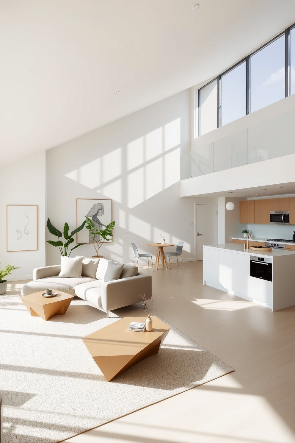 A minimalist apartment design featuring an open-concept living space with a light wood floor. The walls are painted in crisp white, and large windows allow natural light to flood the room. A sleek gray sofa sits against one wall, complemented by a simple round coffee table made of glass and metal. A single piece of abstract art hangs above the sofa, adding a touch of color to the space. The kitchen area includes a clean-lined island with bar stools, all in a monochromatic color scheme. Essential kitchen appliances are integrated into the cabinetry for a seamless look. In the bedroom, a low-profile bed with a neutral-colored duvet is centered against the wall. A minimalist bedside table holds a single lamp, providing soft lighting for the space.