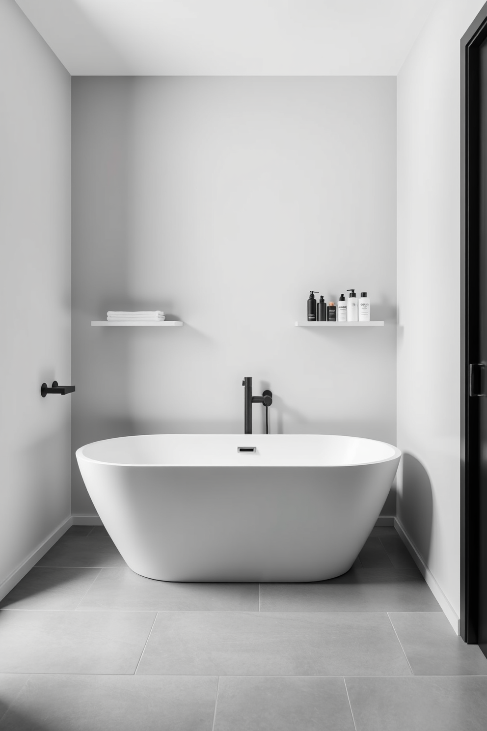 A serene minimalist bathroom featuring a monochromatic color palette. The walls are painted in a soft shade of gray while the floor showcases large gray tiles for a seamless look. A sleek freestanding bathtub takes center stage, complemented by a wall-mounted faucet in a matte black finish. Simple floating shelves hold neatly arranged toiletries, maintaining an uncluttered aesthetic.