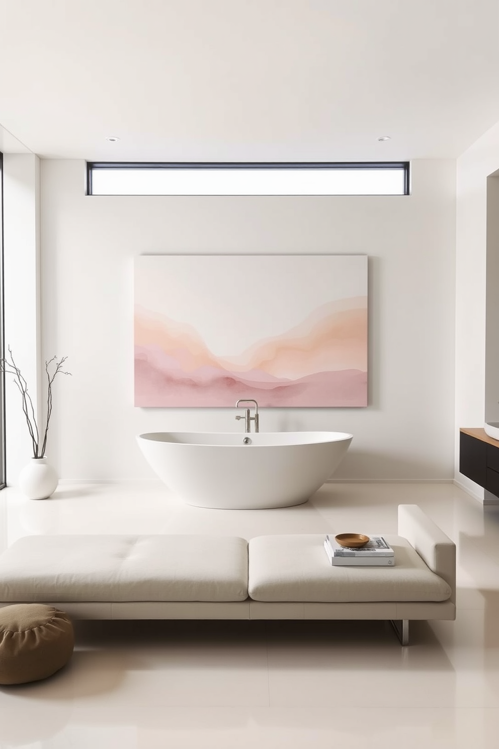 Minimalistic artwork for subtle decoration. A large canvas with soft pastel colors hangs above a sleek, low-profile sofa in a neutral-toned living room. Minimalist Bathroom Design Ideas. A spacious bathroom features a freestanding tub in the center, surrounded by smooth white walls and a single large window allowing natural light to flood the space.