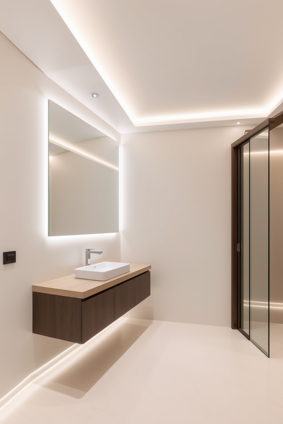 A minimalist bathroom featuring sleek lines and a neutral color palette. Compact storage solutions are seamlessly integrated into the design, including built-in shelves and hidden cabinets to reduce clutter. The space is adorned with a floating vanity that provides ample storage without overwhelming the room. Natural light floods in through a frosted glass window, enhancing the serene atmosphere of the minimalist aesthetic.