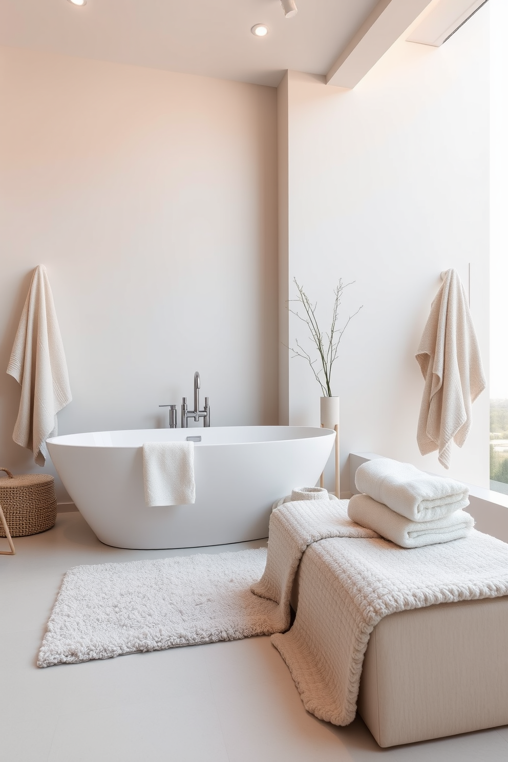 A minimalist bathroom design featuring soft textiles that enhance comfort. The space includes a sleek freestanding bathtub surrounded by plush towels and a soft area rug, creating a serene atmosphere.