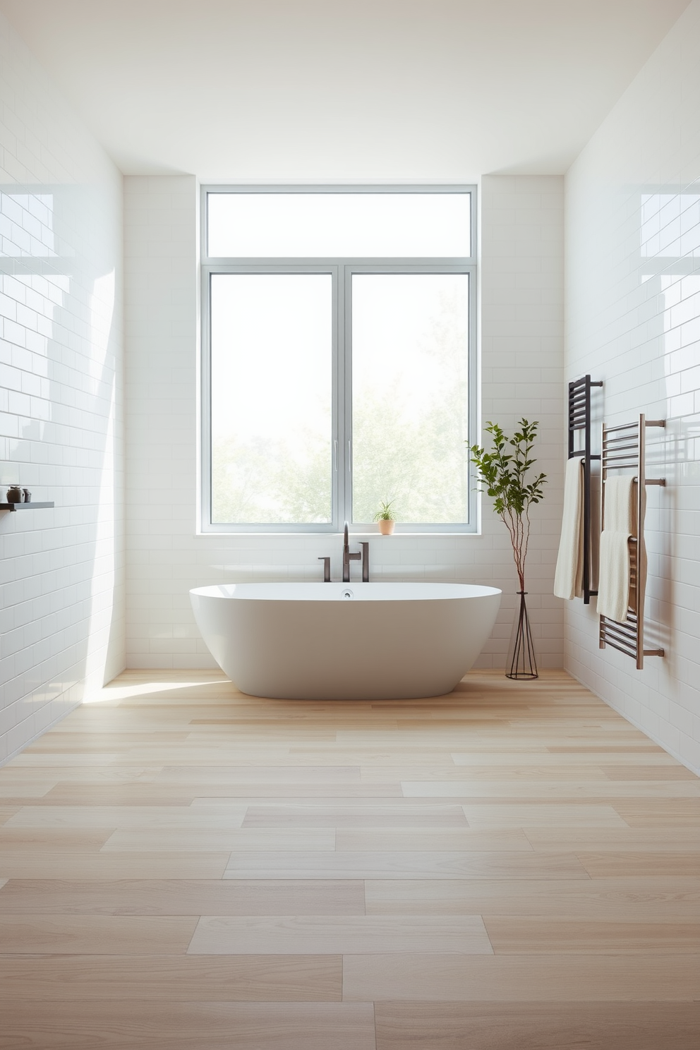 A freestanding tub sits elegantly in the center of a spacious bathroom. The walls are adorned with soft white tiles and the floor features light wood accents, creating a serene and minimalist atmosphere. Natural light floods the space through a large window, enhancing the clean lines of the design. Simple yet stylish accessories, such as a small plant and a sleek towel rack, complete the look while maintaining the minimalist aesthetic.