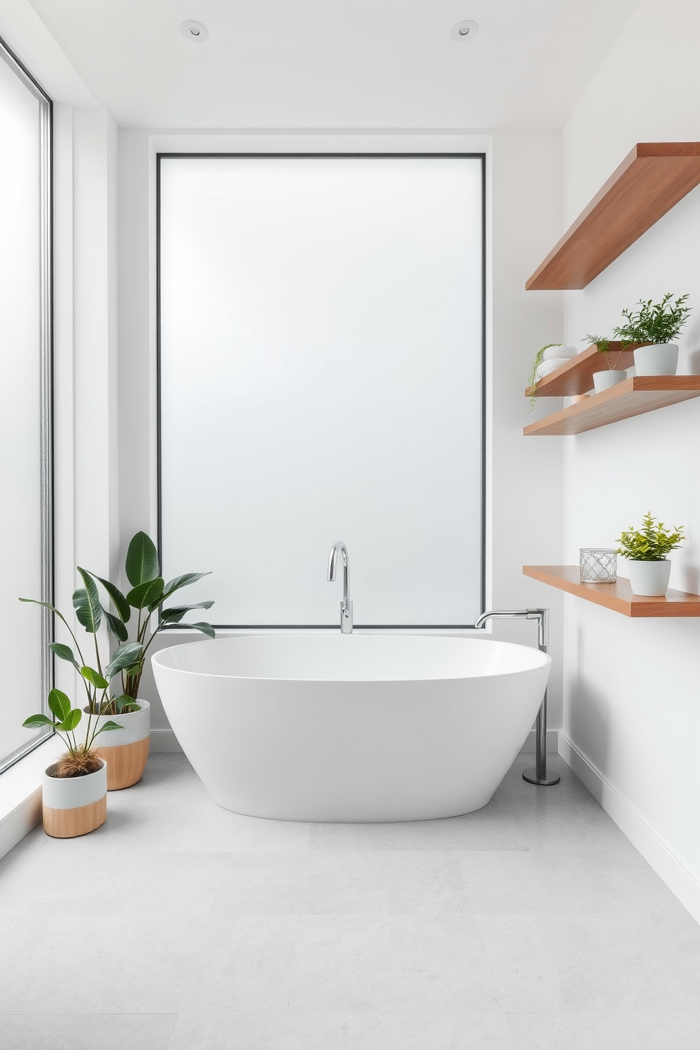 A serene minimalist bathroom featuring a large freestanding bathtub positioned in front of a frosted glass window. The walls are painted in a soft white hue, and the floor is adorned with light gray stone tiles. In one corner, a collection of potted plants adds a refreshing touch of nature to the space. Simple wooden shelves display neatly rolled towels and a few decorative items, maintaining a clean and uncluttered aesthetic.