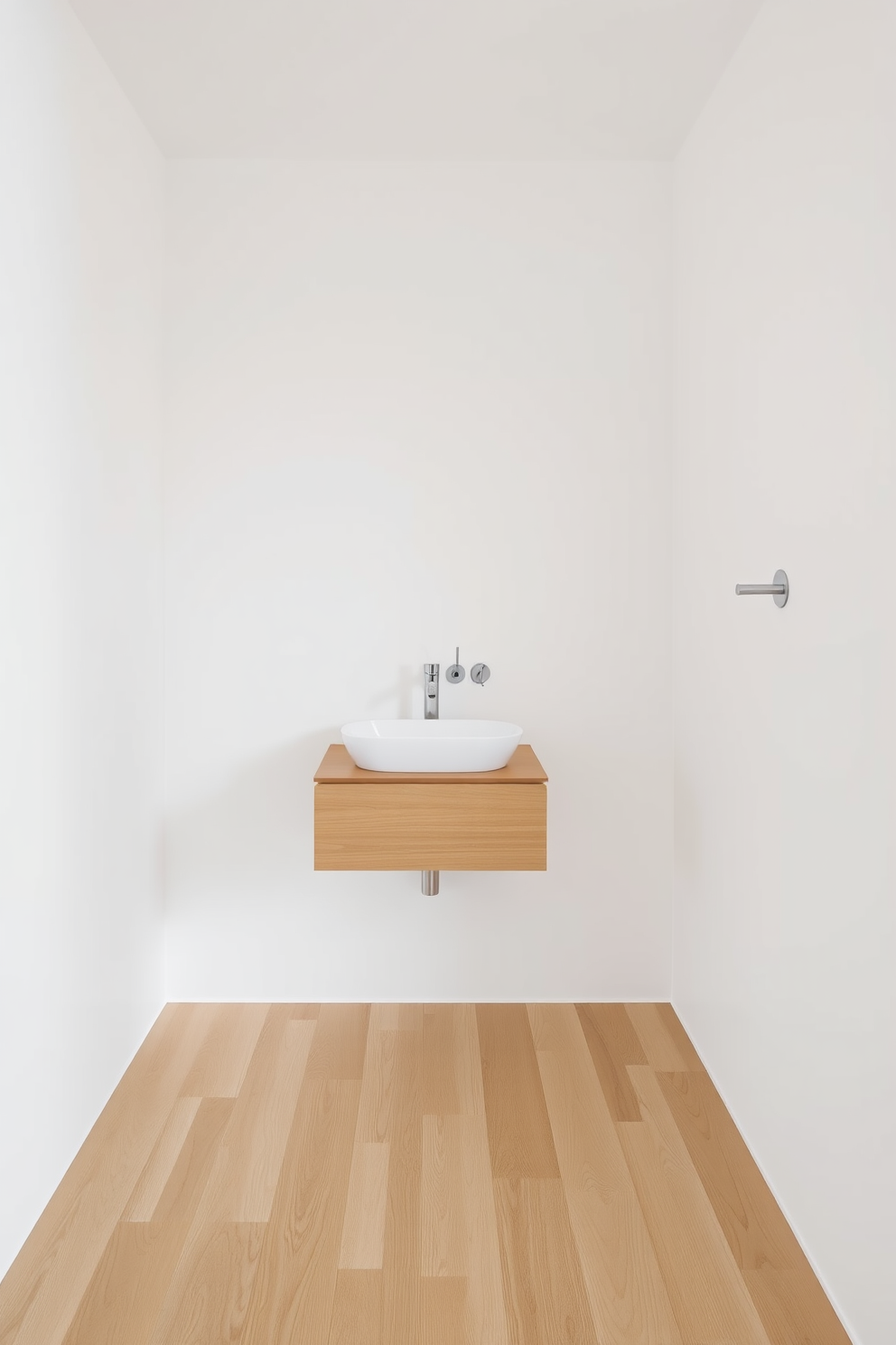 A minimalist bathroom design featuring white walls to enhance brightness and create an open feel. The space includes a sleek freestanding bathtub and a glass shower enclosure with clean lines, complemented by simple wooden shelving for storage.