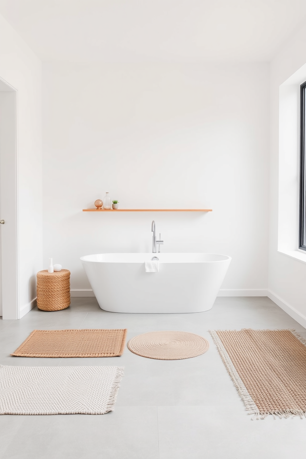 A minimalist bathroom featuring a sleek freestanding tub centered in the room. The walls are painted in a soft white hue, and the floor is adorned with light gray tiles. A simple wooden shelf holds a few carefully chosen decorative items, adding warmth to the space. A large window allows natural light to flood in, enhancing the serene atmosphere. For subtle texture, a collection of minimalist rugs in neutral tones is scattered across the floor. Each rug has a unique weave, providing visual interest without overwhelming the simplicity of the design.